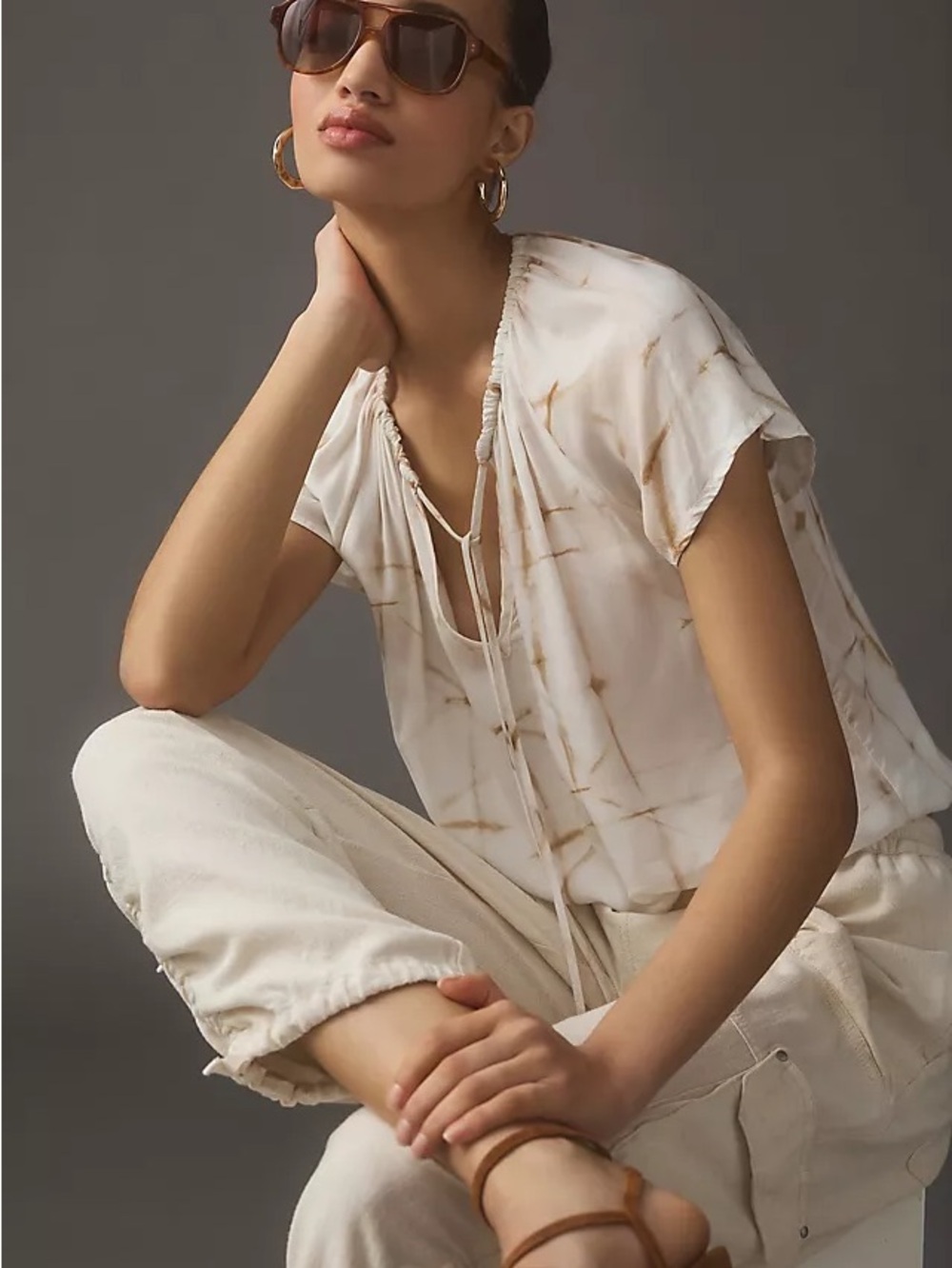 Cloth & Stone Medium Ivory Tan Tie Dye Peasant Blouse Tie Neck Boho Top